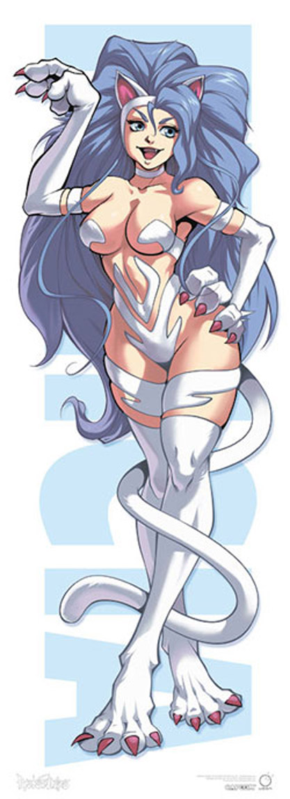 1girl :d animal_ears arm_up bangs big_hair blue_eyes blue_hair breasts capcom cat_ears cat_tail character_name curvy fang felicia fur game jpeg_artifacts kevin_lau large_breasts legs_crossed long_hair long_image nekomimi open_mouth paws pose smile solo standing stick_poster tail tall_image udon_entertainment vampire_(game) very_long_hair wavy_hair wide_hips