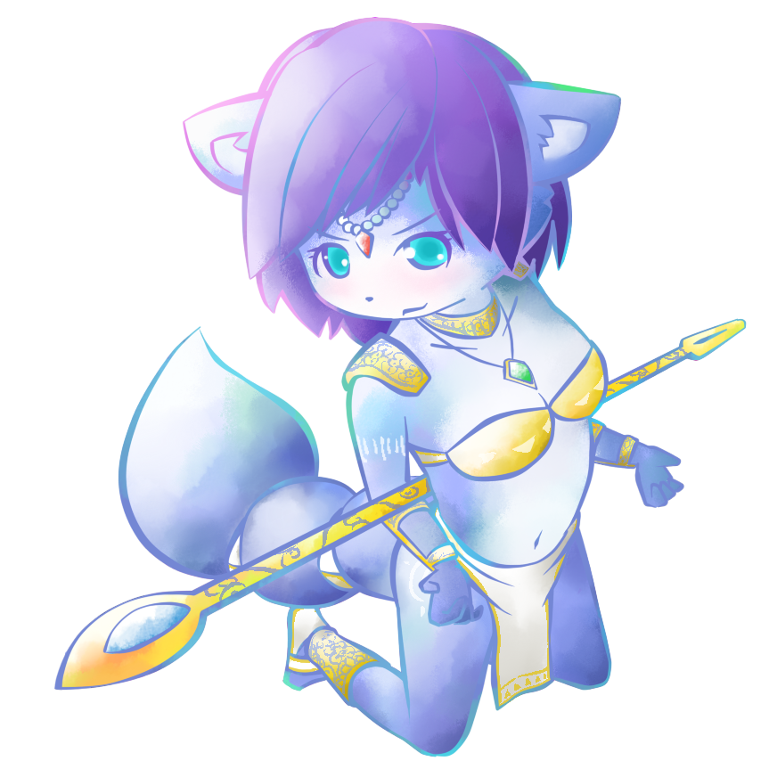blue blue_eyes bra bracers canine cute female fox furry_(artist) hair kneeling krystal leg_guards loincloth looking_at_viewer markings necklace polearm purple_hair short_hair shoulder_guards skimpy solo star_fox tail tail_band unconvincing_armour underwear video_games weapon