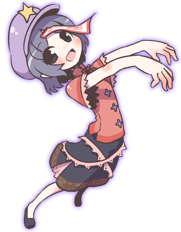 :d arched_back bad_id bad_pixiv_id blush full_body hat jiangshi miyako_yoshika ofuda open_mouth outstretched_arms pale_skin pointy_ears purple_eyes purple_hair short_hair skirt smile solo star touhou transparent_background yuragi_(nukomomo) zombie_pose