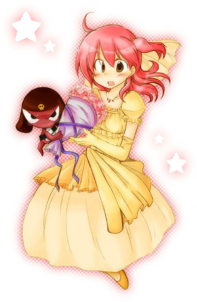 alternate_hairstyle blush bow brown_eyes dress flower frog giroro hair_bow hinata_natsumi jewelry jpeg_artifacts keroro_gunsou necklace pink_hair sakana_(kuusou_puzzle) short_hair side_ponytail slippers solo yellow_dress