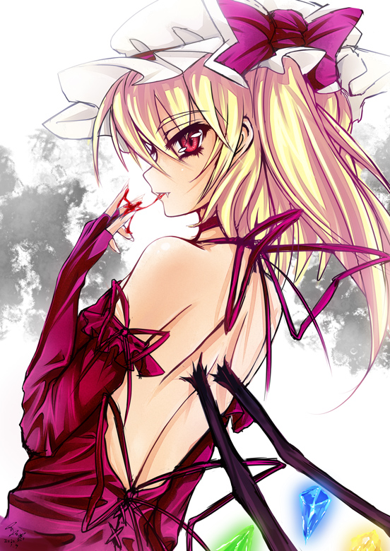 alternate_costume back backless_dress backless_outfit bare_back bare_shoulders blonde_hair blood choker dress elbow_gloves fang fangs flandre_scarlet gloves glycyrrhizae hat licking red_eyes short_hair side_ponytail solo touhou upper_body vampire wings