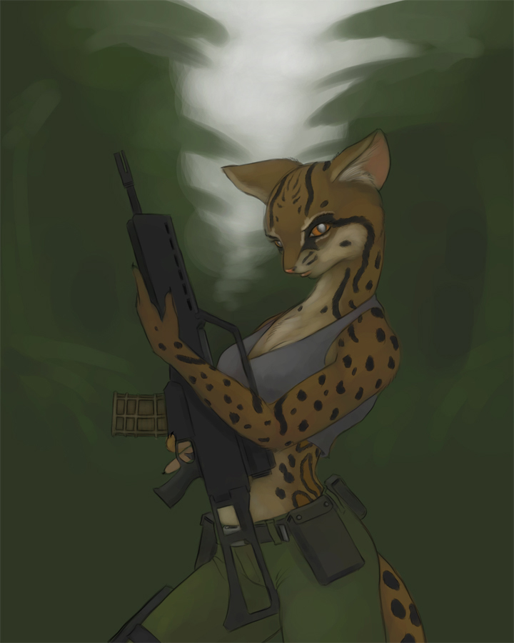 ammo brown_eyes brown_hair feline female hair ipoke jungle leopard military rifle solo tail
