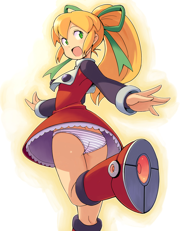 :d ass blonde_hair boots bow bowieknife green_eyes hair_bow hair_ribbon knee_boots leg_up long_hair looking_back mecha_musume open_mouth panties ponytail red_skirt ribbon rockman roll skirt smile solo standing standing_on_one_leg striped striped_panties underwear