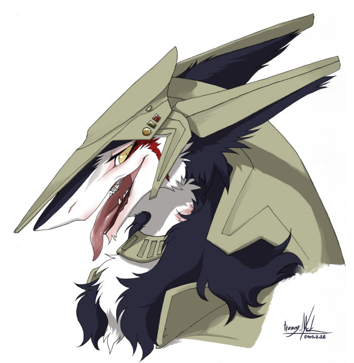 armor close-up fangs female fur furry long_tongue multicolored_hair open_mouth rain_silves sergal simple_background solo tongue trancy_mick white_background yellow_eyes