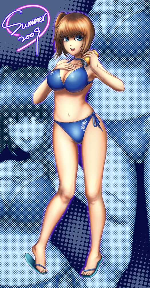 bangs bikini blue_eyes breasts brown_hair can cleavage hand_on_own_chest hasukaku_hanzou large_breasts long_legs looking_at_viewer navel open_mouth original sandals side-tie_bikini skindentation smile solo swimsuit zoom_layer