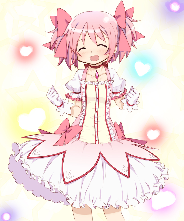 :d abe_kanari blush choker clenched_hands closed_eyes gloves heart kaname_madoka magical_girl mahou_shoujo_madoka_magica official_style open_mouth pink_hair puffy_sleeves red_choker short_hair smile solo twintails white_gloves