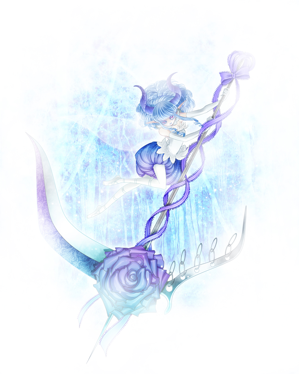 blue_flower blue_rose flower highres horns pixiv_fantasia pixiv_fantasia_5 rinko_(mg54) rose scythe solo