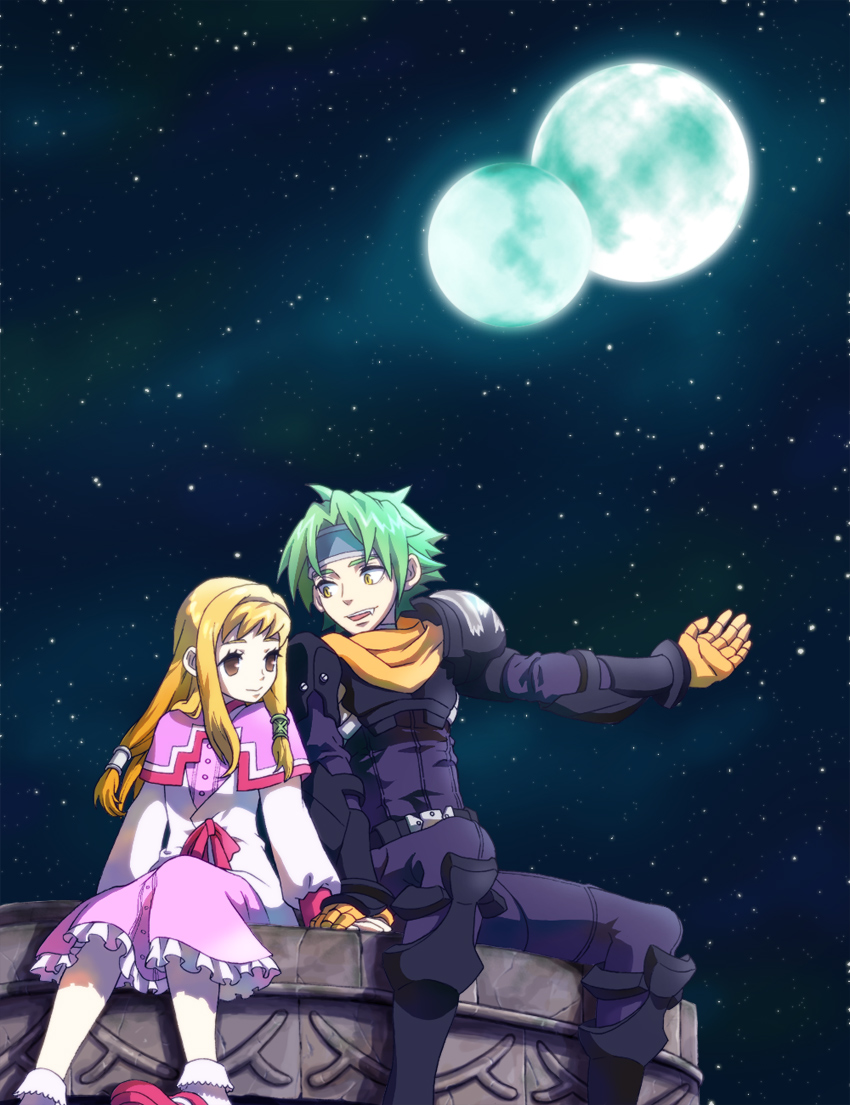 1girl ahoge aura_(wild_arms) blonde_hair bodysuit boots bow brown_eyes couple dress fang frilled_legwear gloves green_hair hair_ornament hairpin headband hetero holding_hands kei_(inu_no_ura) knee_boots long_hair messy_hair moon night open_mouth pauldrons pink_dress ribbon scarf short_hair sidelocks smile socks wild_arms wild_arms_1 yellow_eyes zed