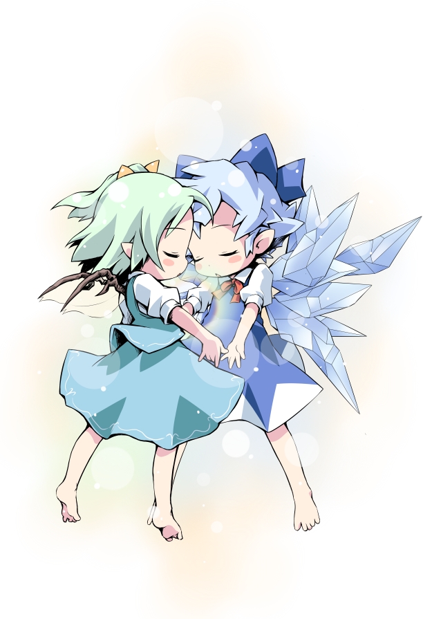 barefoot blue_hair bow child cirno daiyousei fairy green_hair hair_bow ham_(points) multiple_girls pointy_ears short_hair side_ponytail touhou wings