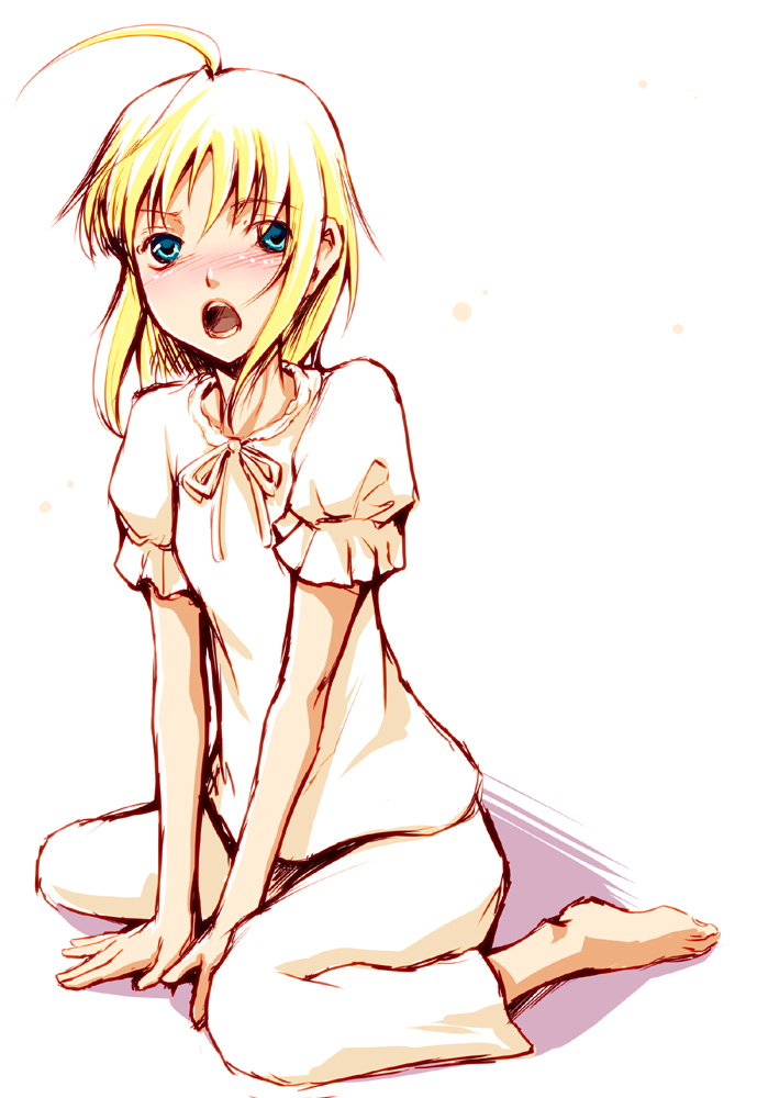 ahoge artoria_pendragon_(all) barefoot blonde_hair blush fate/stay_night fate_(series) green_eyes open_mouth pajamas saber sitting solo uraomote