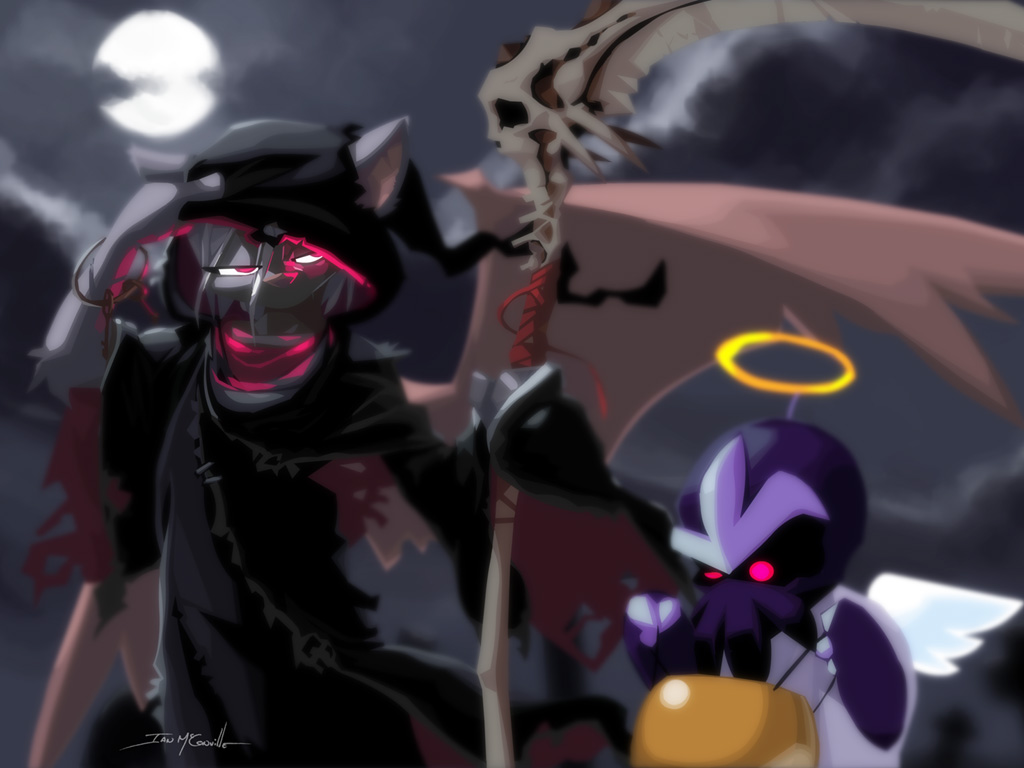 angel clothed clothing costume cthulhu cute death_(personification) female final_fantasy grey grim_reaper halloween halo hooded_robe ian_mcconville moogle moon night outside purple red_eyes ren_(ian_mcconville) robe scythe video_games weapon wings