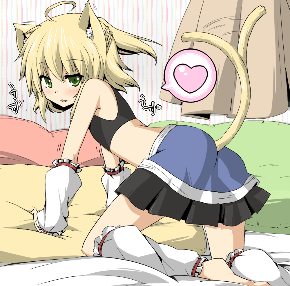 all_fours animal_ears arm_warmers ass barefoot bed blonde_hair cat_ears cat_tail flat_chest green_eyes heart kemonomimi_mode leg_warmers mizuhashi_parsee open_mouth short_hair skirt solo sports_bra suna_(sunaipu) tail touhou translation_request