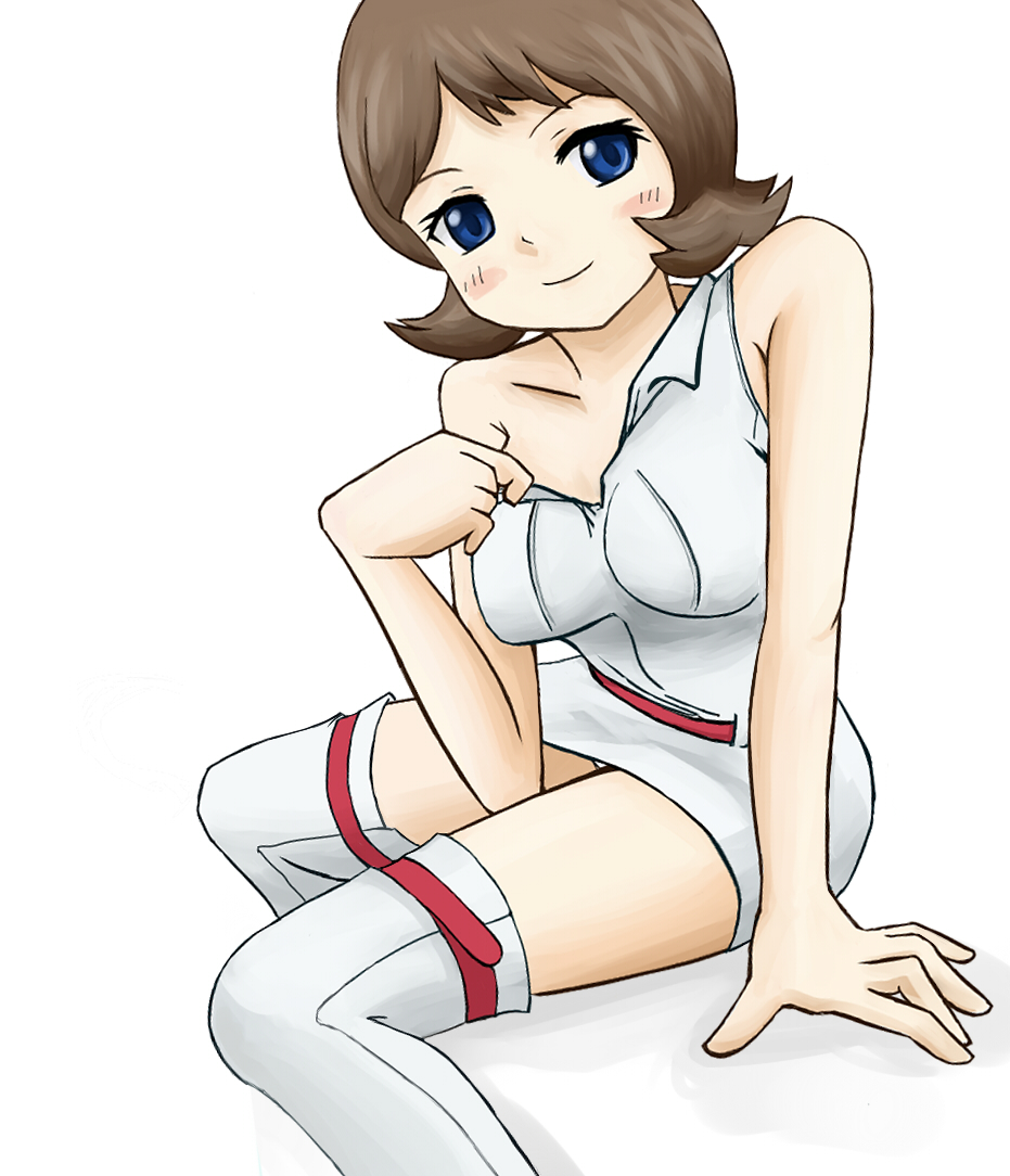 1girl 60s belt blue_eyes blush brown_hair dress female looking_at_viewer mach_go_go_go oldschool pink_belt shimura_michi short_dress short_hair simple_background sitting smile solo speed_racer thighhighs trixie white_dress