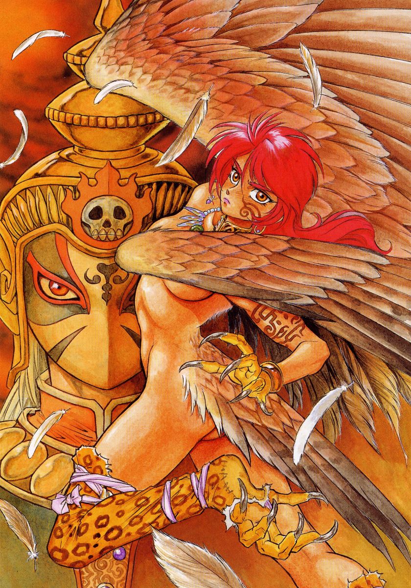 barely_covered_breasts breasts claws female hair harpy hazel_eyes lipstick long_hair long_red_hair mask necklace red_hair tattoo unknown_artist wings