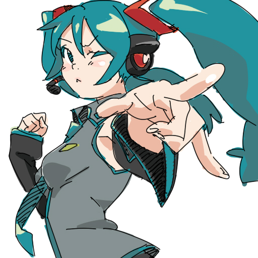 :&lt; \m/ armpits blush_stickers face foreshortening green_eyes green_hair hands hatsune_miku headphones long_hair necktie non-web_source one_eye_closed pointing sketch solo twintails vocaloid