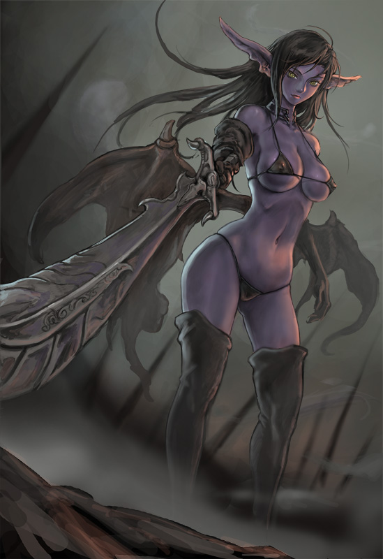 bat_wings battle bikini black_hair black_legwear breasts collar covered_nipples curvy demon_girl earrings elbow_gloves gloves green_eyes groin jewelry large_breasts lips long_hair looking_at_viewer micro_bikini navel neongun pointy_ears ribs skindentation solo succubus swimsuit sword thighhighs thighs warcraft weapon wings world_of_warcraft