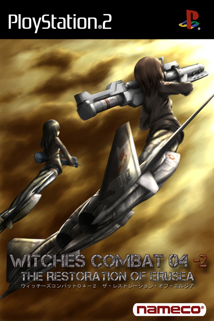 ace_combat ace_combat_04 aircraft airplane brand_name_imitation brown_hair cloud cover crossover fake_cover game_cover gun jet multiple_girls parody rocket_launcher strike_witches striker_unit tom-neko_(zamudo_akiyuki) weapon world_witches_series