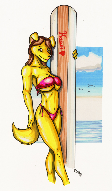 bikini breasts brian_wear canine female skimpy solo surfing yellow