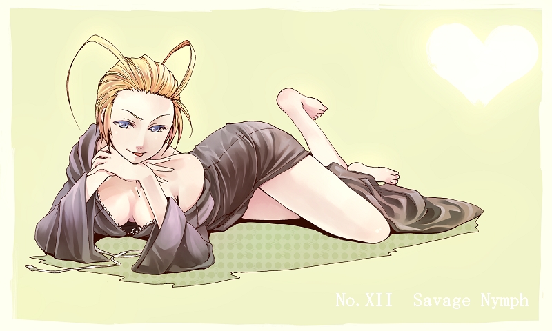 bad_id bad_pixiv_id bare_shoulders black_coat_(kingdom_hearts) blonde_hair blue_eyes breasts cleavage green_background heart kingdom_hearts kingdom_hearts_chain_of_memories larxene leg_up looking_at_viewer m3_(mmm003) medium_breasts no_bra short_hair smile solo tongue tongue_out