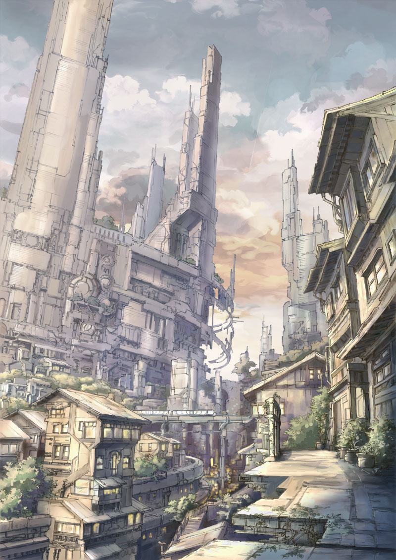 building city cityscape cloud k_kanehira no_humans original plant road scenery science_fiction sky stairs street tree