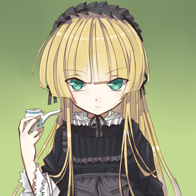 blonde_hair face gosick gradient gradient_background green_background green_eyes hairband hime_cut lolita_fashion long_hair pipe solo staring umeboshitora victorica_de_blois