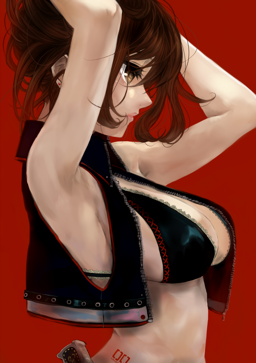 adjusting_hair armpits arms_up bikini_top breasts brown_hair cleavage cropped_jacket earrings hair_in_mouth highres jewelry large_breasts lips meiko pisuke profile red_background short_hair sideboob solo tattoo vest vocaloid yellow_eyes