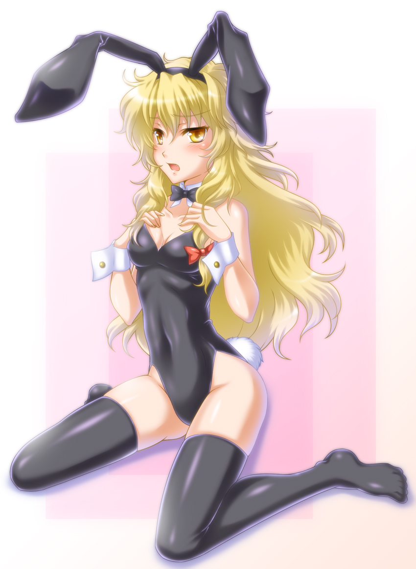 animal_ears black_legwear breasts bunny_ears bunny_tail bunnysuit cleavage hat kirisame_marisa long_hair messy_hair shiomame_daifuku small_breasts solo tail thighhighs touhou witch_hat yellow_eyes
