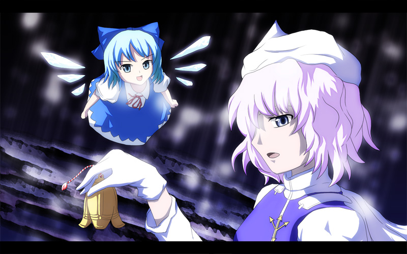 bell blue_eyes blue_hair bow cirno dress gloves hair_bow hat knj lavender_hair letterboxed letty_whiterock multiple_girls short_hair touhou wings