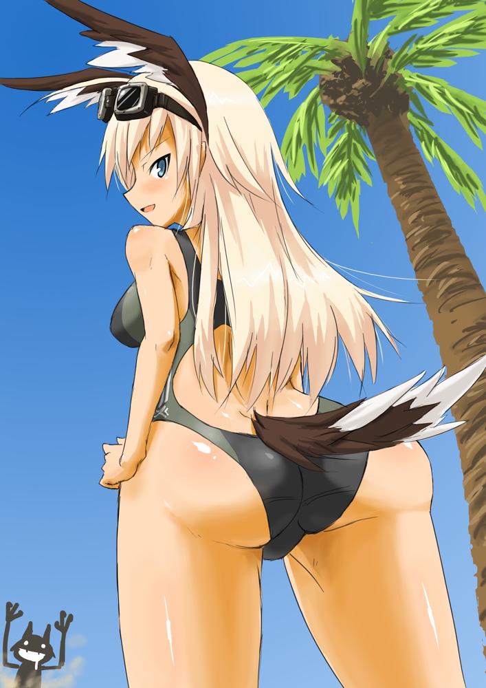 animal_ears ass bad_id bad_pixiv_id bird_tail blonde_hair blue_eyes competition_swimsuit dakku_(ogitsune) from_below goggles goggles_on_head hanna-justina_marseille head_wings long_hair looking_back miyafuji_yoshika one-piece_swimsuit palm_tree silhouette_demon solo_focus strike_witches swimsuit tail tree world_witches_series