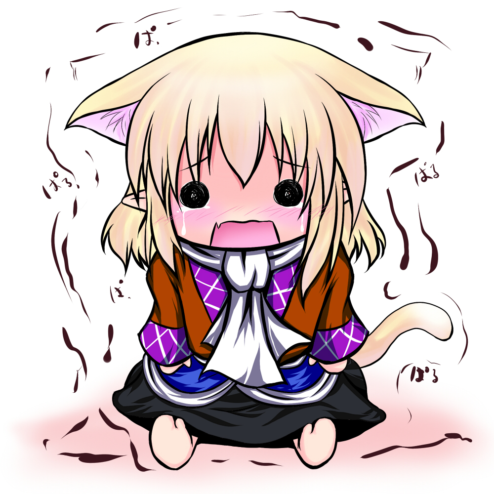 animal_ears blonde_hair cat_ears cat_tail chibi extra_ears fang hoshizuki_(seigetsu) kemonomimi_mode mizuhashi_parsee open_mouth puru-see scarf solo tail tears touhou trembling