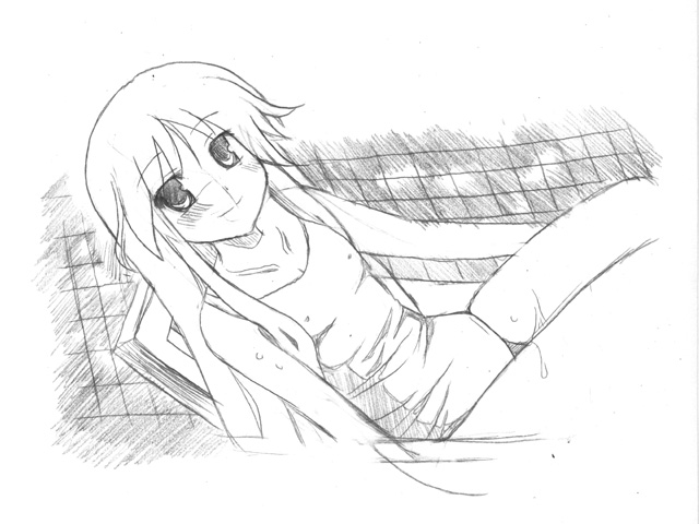 artist_request blush crossdressing graphite_(medium) greyscale happiness! long_hair male_focus monochrome one-piece_swimsuit otoko_no_ko school_swimsuit sketch smile solo swimsuit traditional_media watarase_jun wet