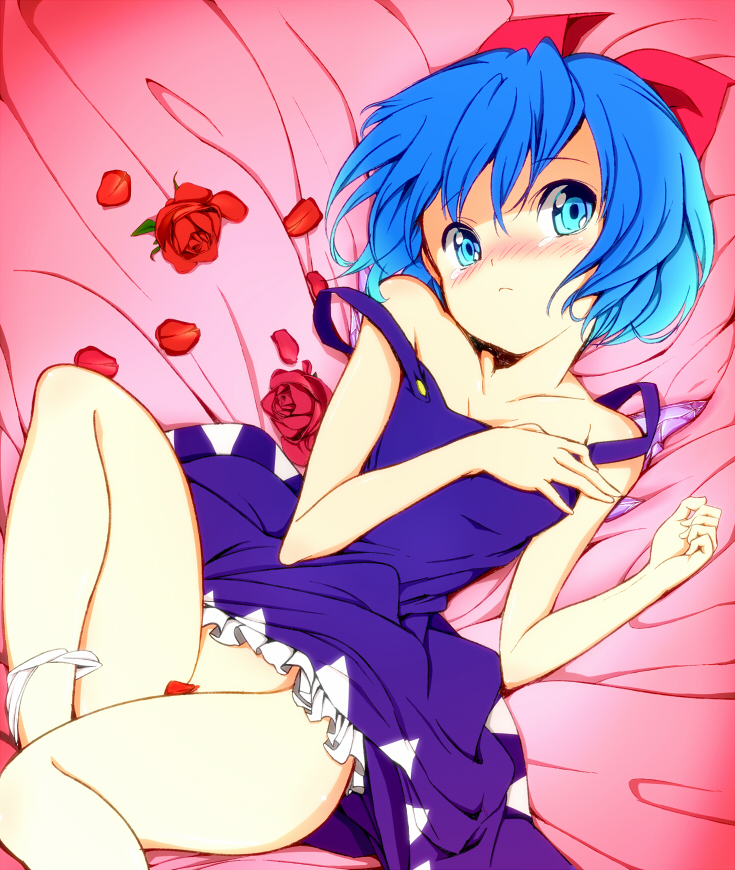 bare_shoulders bed blue_eyes blue_hair blush bow cirno dress flower groin hair_bow hair_ornament hand_on_own_chest lying no_panties on_back panties panties_around_one_leg petals red_flower red_rose reri rose rose_petals short_hair solo strap_slip tears touhou underwear white_panties wings
