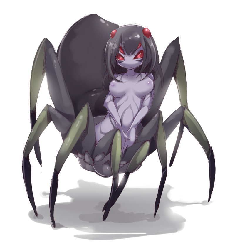 arachne bad_id bad_pixiv_id black_hair bob_cut breasts breasts_apart bug extra_eyes frfr insect_girl medium_breasts monster_girl no_nose nude original purple_skin red_eyes simple_background solo spider spider_girl v_arms white_background