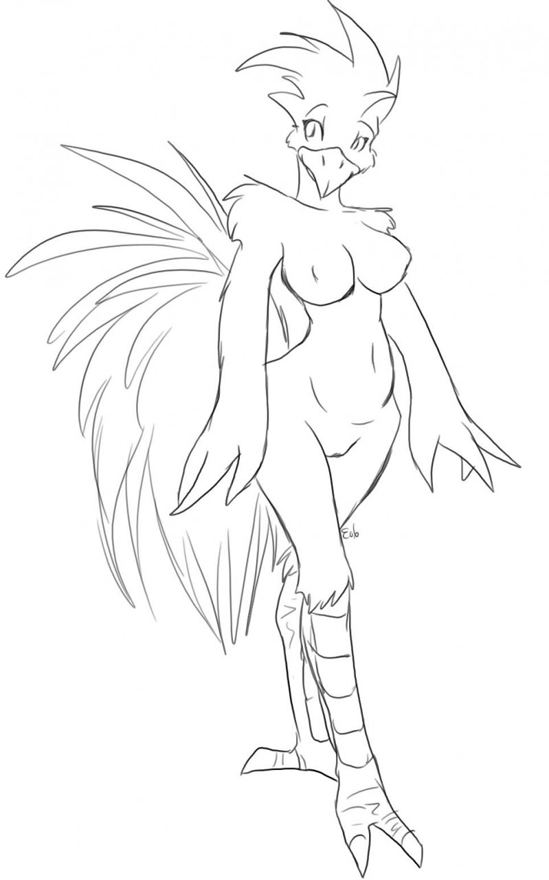 anthro avian beak bird black_and_white breasts chocobo colorless dmann892 feathers female line_art looking_at_viewer monochrome nipples nude plain_background solo voluptuous white_background