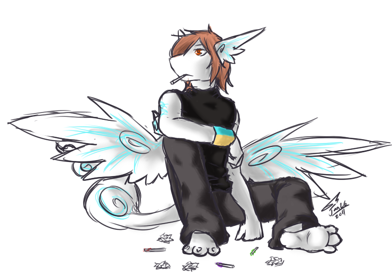 anthro arms black black_clothing blue blue_markings brown brown_hair candy clothing fluffy gift gift_art hair highlights hindpaw kyuushi lollipop looking looking_away male markings pants paws red_eye red_eyes sitting solo tail unknown_species wings zipperface