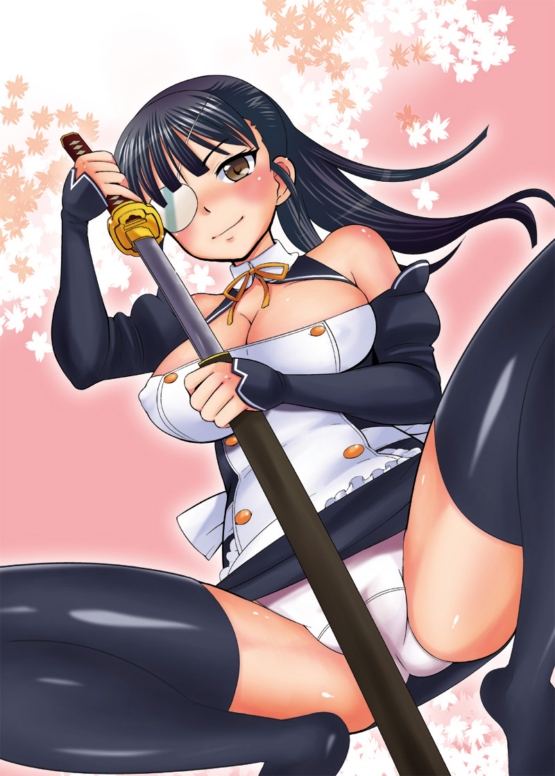apron black_hair blush breasts brown_eyes cleavage cleavage_cutout cosplay covered_nipples detached_sleeves dream_c_club dream_c_club_(series) eyepatch large_breasts long_hair nao_(dream_c_club) nao_(dream_c_club)_(cosplay) panties pantyshot pantyshot_(squatting) ponytail ribbon sakamoto_mio solo squatting strike_witches thighhighs uesugi_kyoushirou underwear waitress world_witches_series