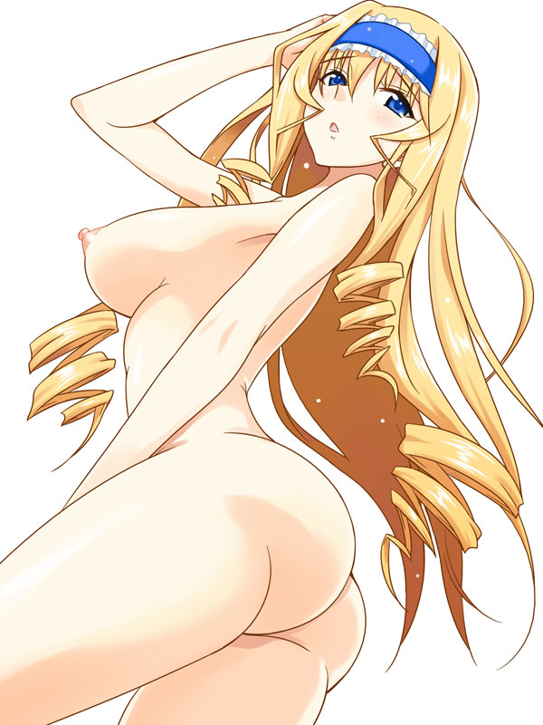 ass blonde_hair blue_eyes blue_hairband blush breasts cecilia_alcott curly_hair drill_hair hairband infinite_stratos large_breasts long_hair nipples nude sabano_niwatori simple_background solo thighs very_long_hair