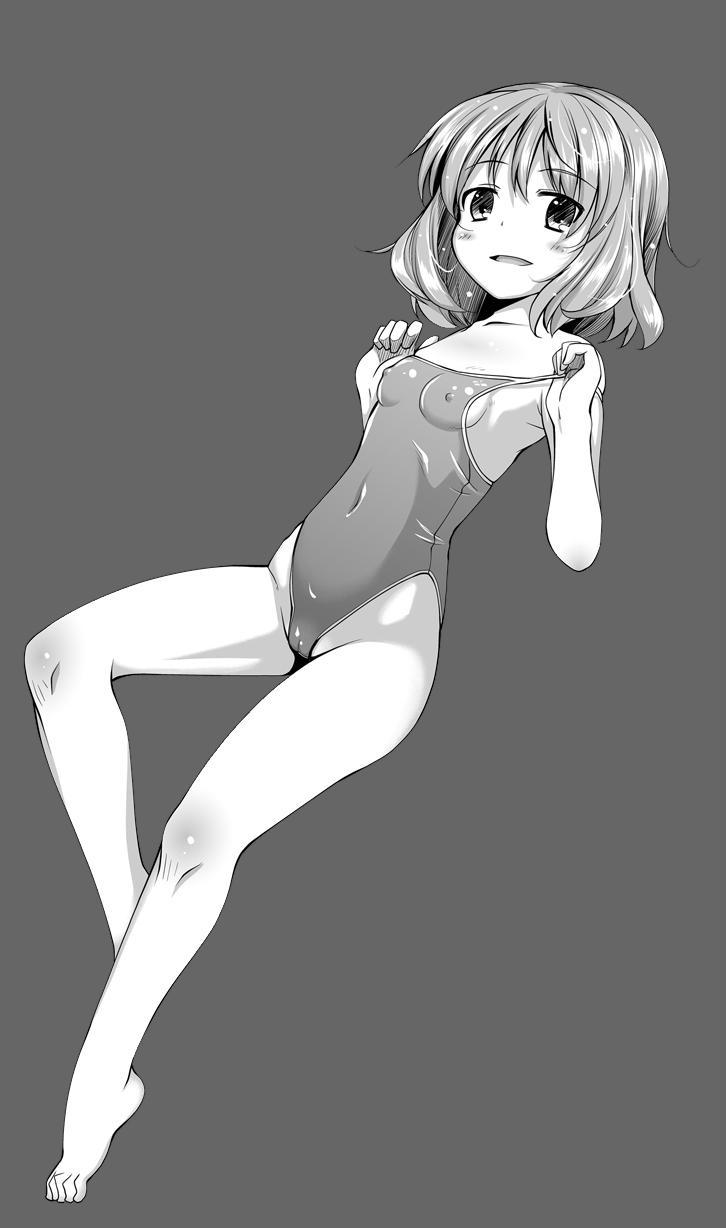 akino_sora barefoot cameltoe covered_nipples feet flat_chest greyscale highres monochrome navel nipples one-piece_swimsuit original panties short_hair solo swimsuit swimsuit_pull underwear wet wet_clothes wet_panties