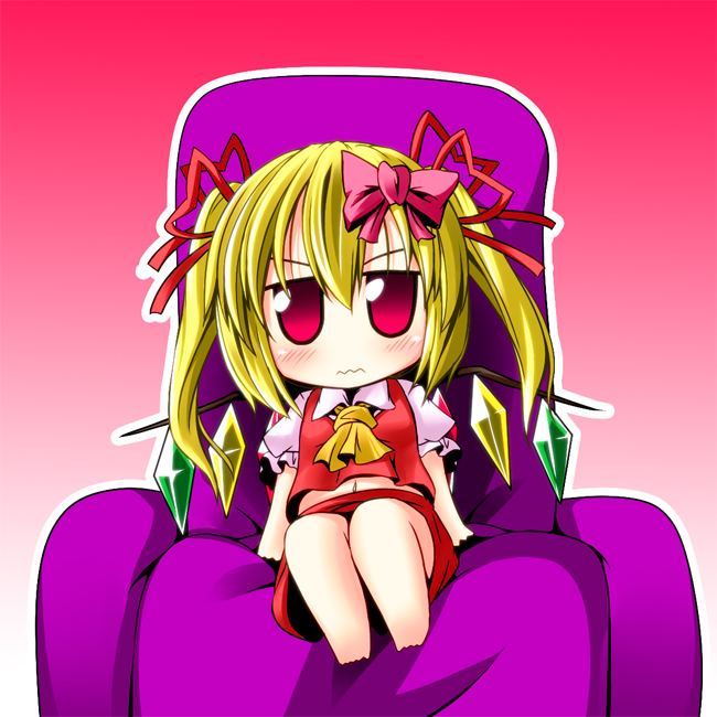 alternate_hairstyle blonde_hair blush bow chair chibi flandre_scarlet hair_bow hair_ornament ichimi midriff no_hat no_headwear red_eyes ribbon sitting solo touhou twintails wavy_mouth
