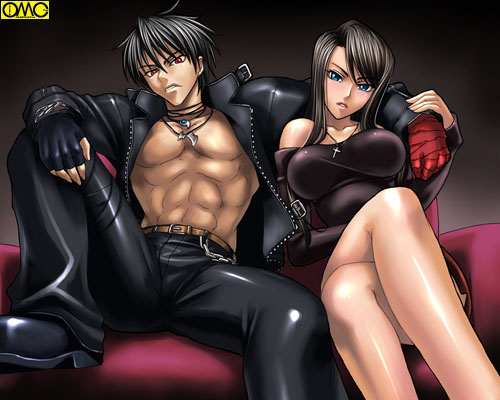 1boy 1girl abs breasts couch couple cross female kagami kagami_hirotaka large_breasts lowres male manly muscle sofa