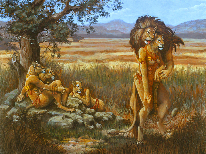 beth_zaiken breasts couple feline female group heat in_heat lion male multi_breast painting pride savannah straight tribal