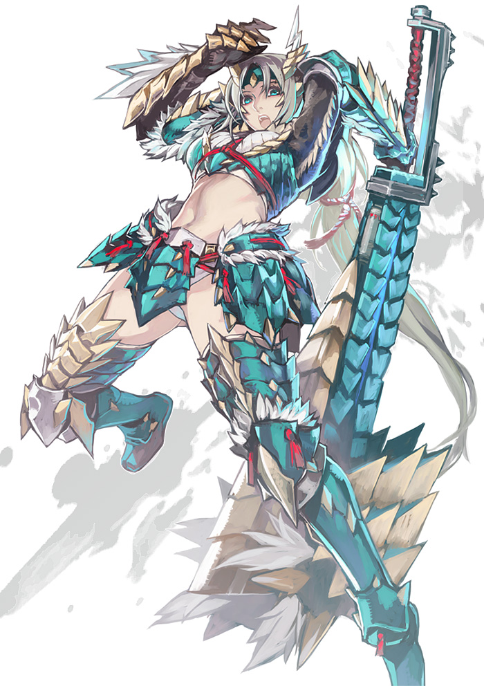 aoin aqua_eyes armor huge_weapon monster_hunter monster_hunter_portable_3rd silver_hair simple_background solo switch_axe weapon white_hair zinogre_(armor)
