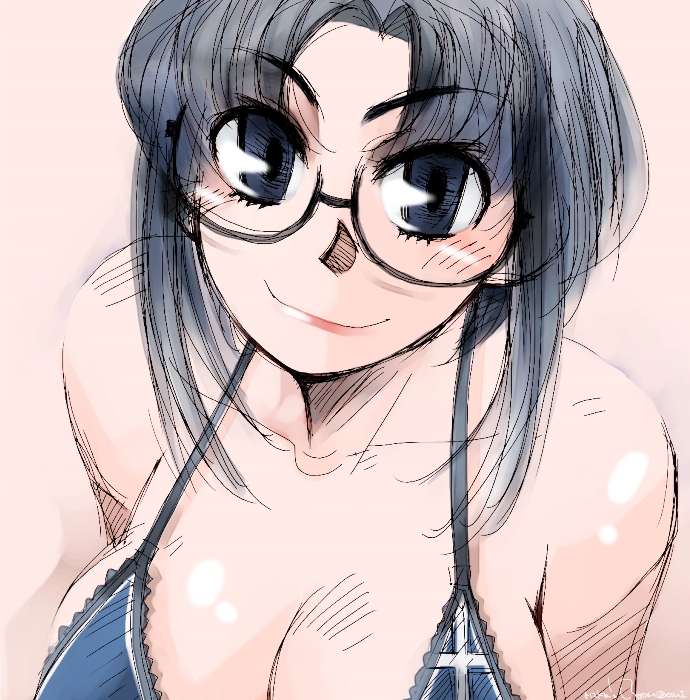 bad_id bad_pixiv_id blue_eyes blue_hair bra breasts ciel glasses lace large_breasts lingerie mike156 signature smile solo tsukihime underwear