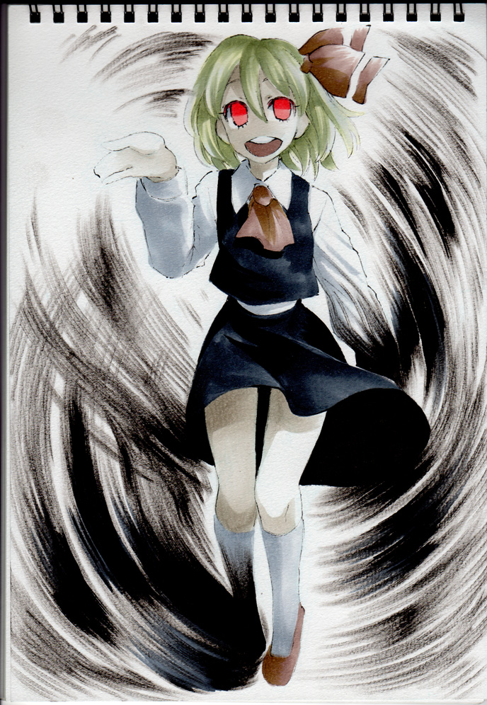 bad_id bad_pixiv_id blonde_hair darkness glowing glowing_eyes hair_ribbon kneehighs open_mouth red_eyes ribbon rumia skirt smile solo touhou traditional_media uousa-ou