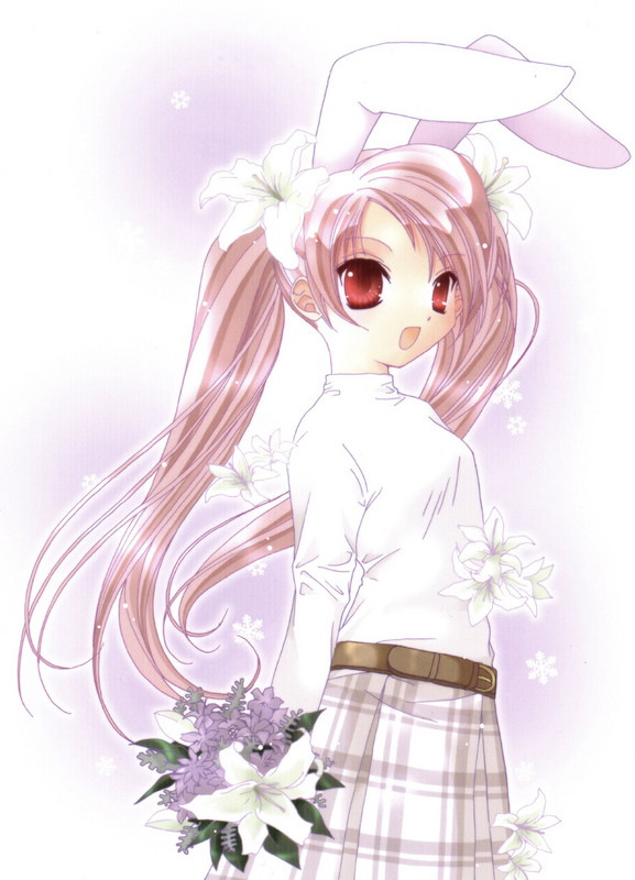 :d alternate_costume animal_ears arms_behind_back belt bouquet bunny_ears casual di_gi_charat flower hair_flower hair_ornament koge_donbo lily_(flower) long_hair official_art open_mouth pullover red_eyes skirt smile snowflakes solo twintails usada_hikaru