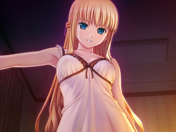 400 amishiro_anna blonde_hair blue_eyes breasts game_cg kanojo_to_kanojo_to_watashi_no_nananichi lingerie long_hair looking_at_viewer medium_breasts negligee nipples see-through solo underwear upper_body