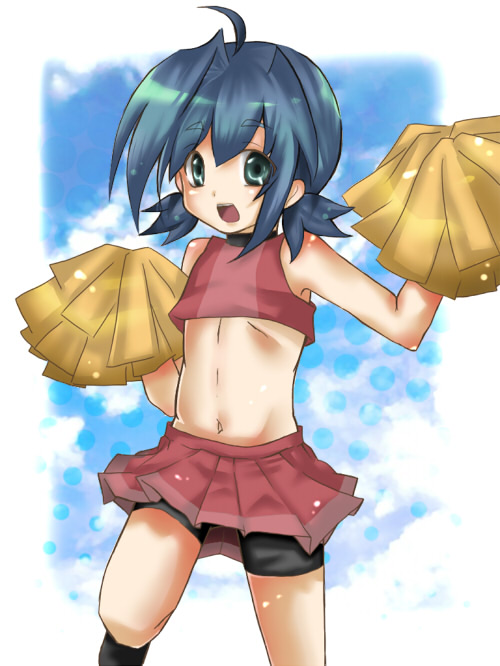 1boy artist_request bike_shorts blue_eyes blue_hair cardfight!!_vanguard cheerleader jumping male male_focus navel open_mouth pom_poms sendou_aichi shorts skirt sky smile solo trap twintails