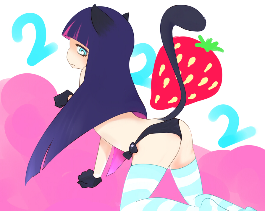 animal_ears ass bent_over blue_eyes blush cat_ears cat_tail female frown long_hair multicolored_hair panties panty_&amp;_stocking_with_garterbelt pink_hair purple_hair solo stocking_(character) stocking_(psg) striped striped_legwear striped_thighhighs tail thighhighs topless underwear