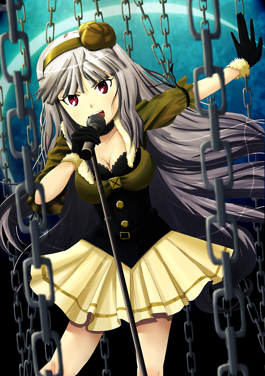bad_id bad_pixiv_id beyond_the_nobles breasts chain choker cleavage double_bogey gloves grey_hair hairband highres idolmaster idolmaster_(classic) large_breasts long_hair microphone microphone_stand pleated_skirt red_eyes shijou_takane skirt solo