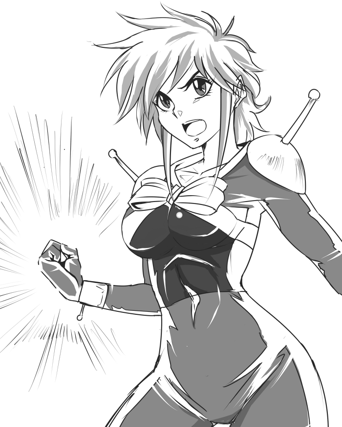 allenby_beardsley bodysuit bow breasts clenched_hand g_gundam greyscale gundam medium_breasts mobile_trace_suit monochrome open_mouth simple_background solo suta_furachina